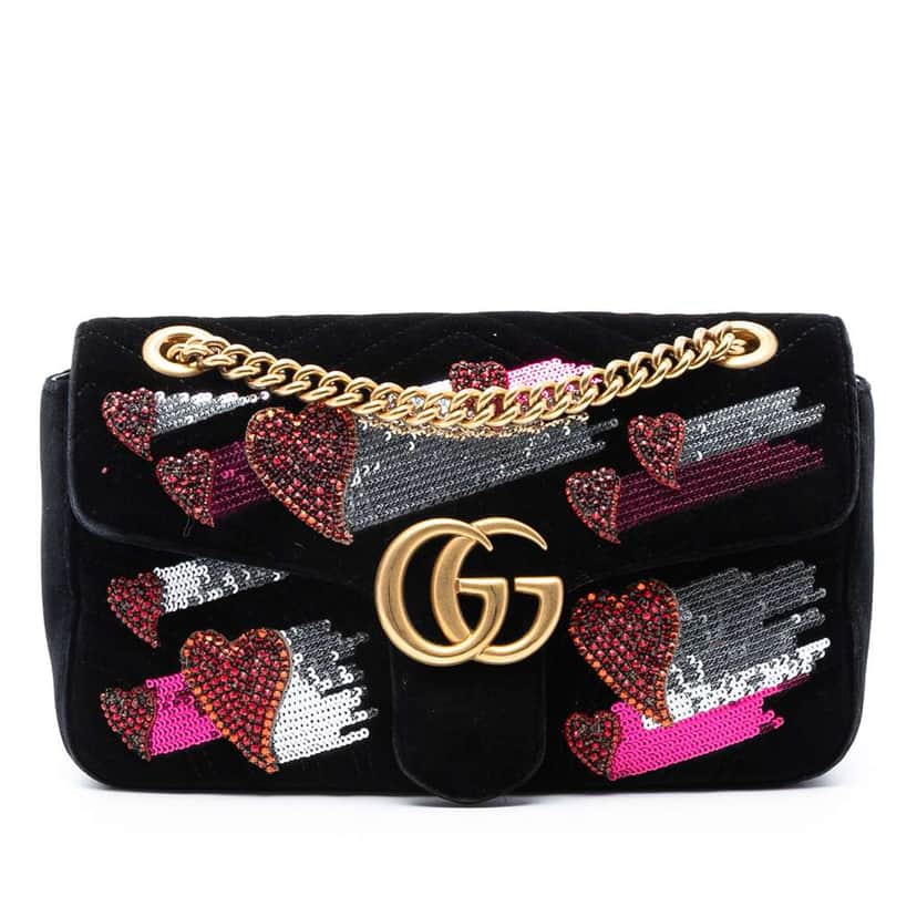 Gucci Medium GG Marmont Matelasse Velvet Sequin Embellished Shoulder Bag Black Velvet Very good condition - Front View