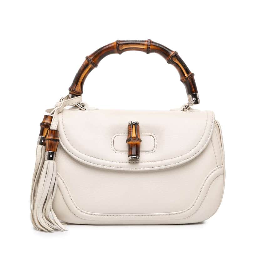 Gucci Medium Calfskin New Bamboo Top Handle Bag White Leather Good condition - Front View