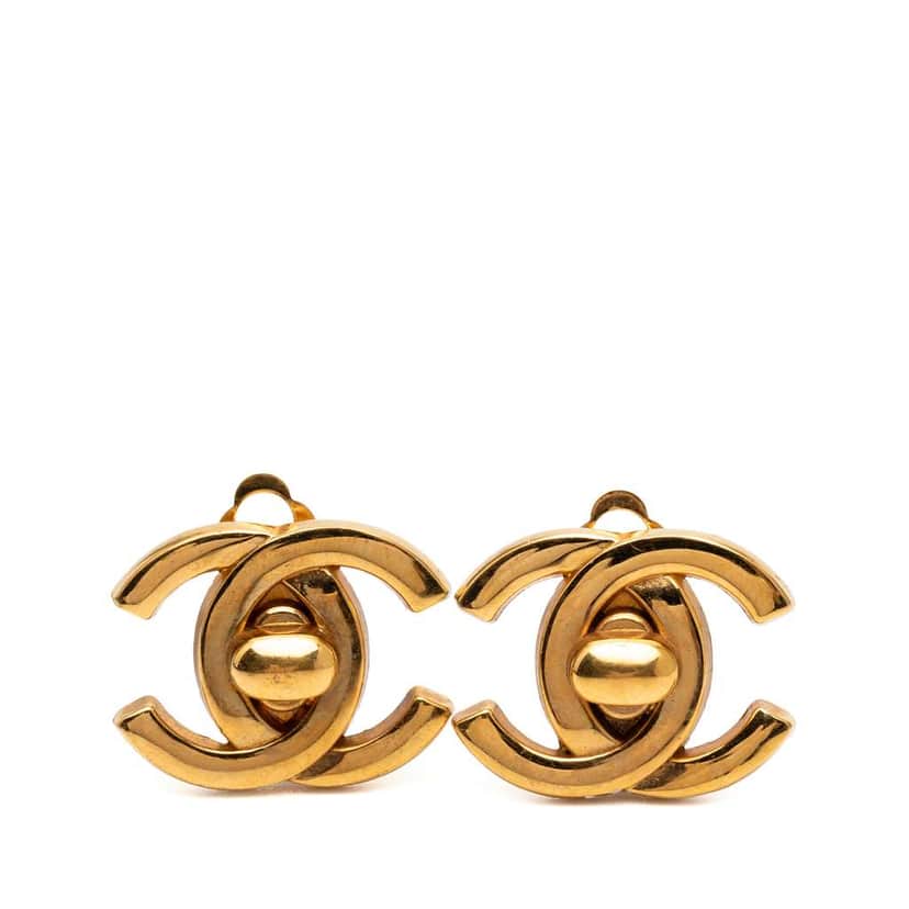Chanel Gold Plated CC Turn Lock Clip on Earrings Gold Metal Good condition - Front View