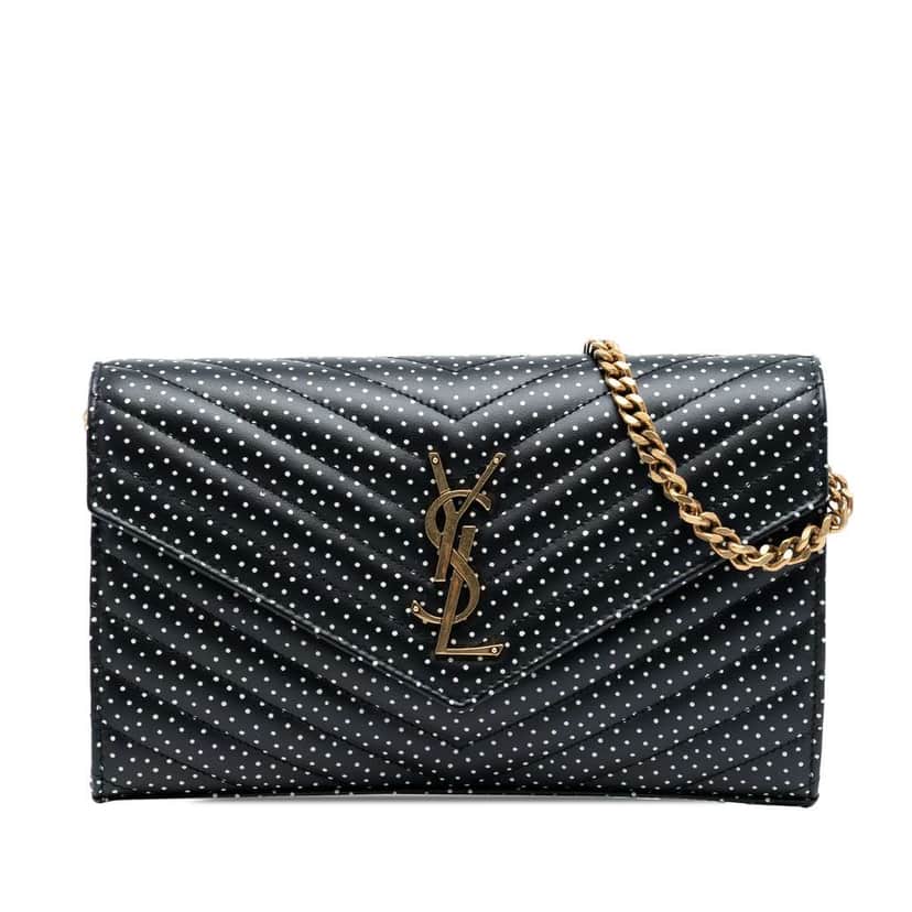 Saint Laurent Quilted Chevron Calfskin Polka Dot Monogram Envelope Chain Wallet Black Leather Good condition - Front View