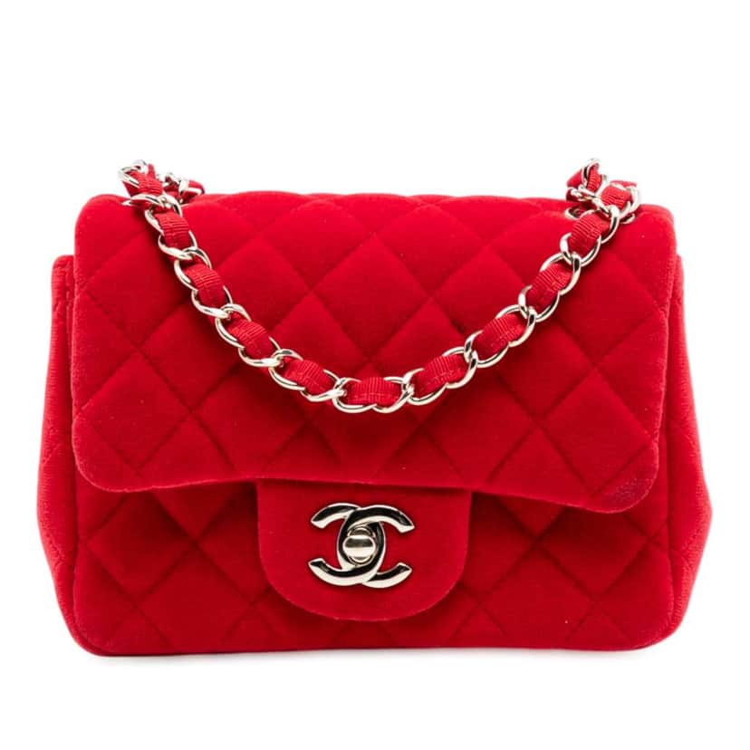 Chanel Mini Square Classic Velvet Single Flap Red Velvet Good condition - Front View