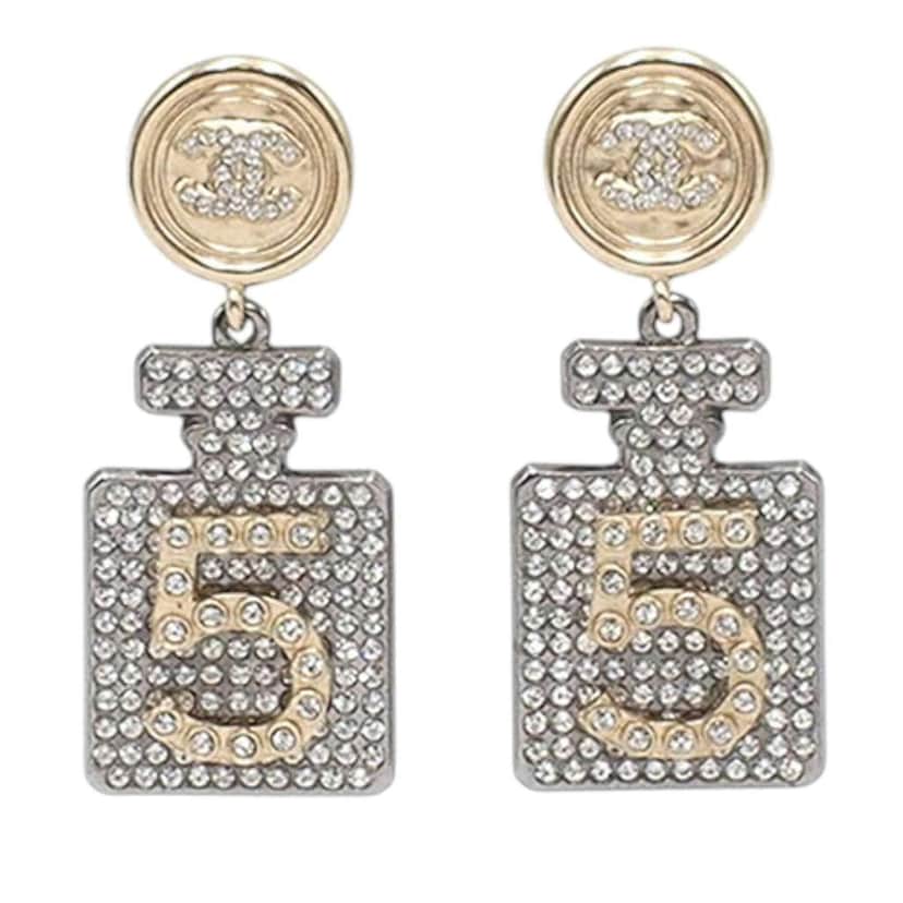 Chanel Gold Plated and Silver Plated CC Rhinestone No 5 Perfume Bottle Drop Push Back Earrings Gold Metal Good condition - Front View