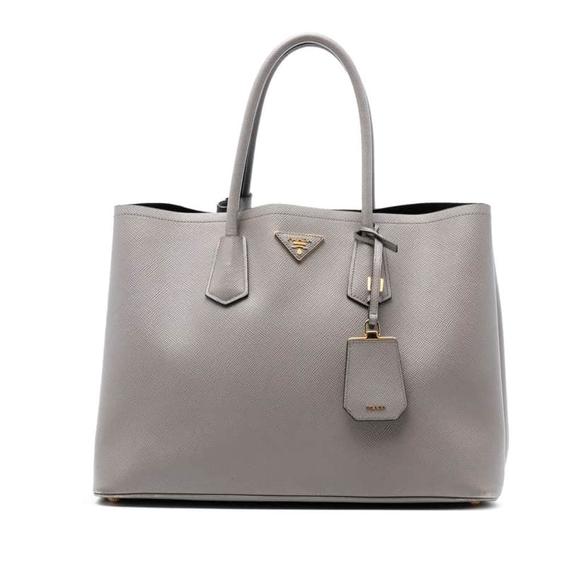 Prada Large Saffiano Cuir Double Satchel Grey Leather Very good condition - Front View