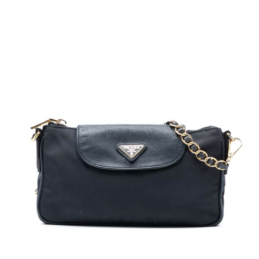 Prada Saffiano Trimmed Tessuto Chain Crossbody Black Good condition - Front View