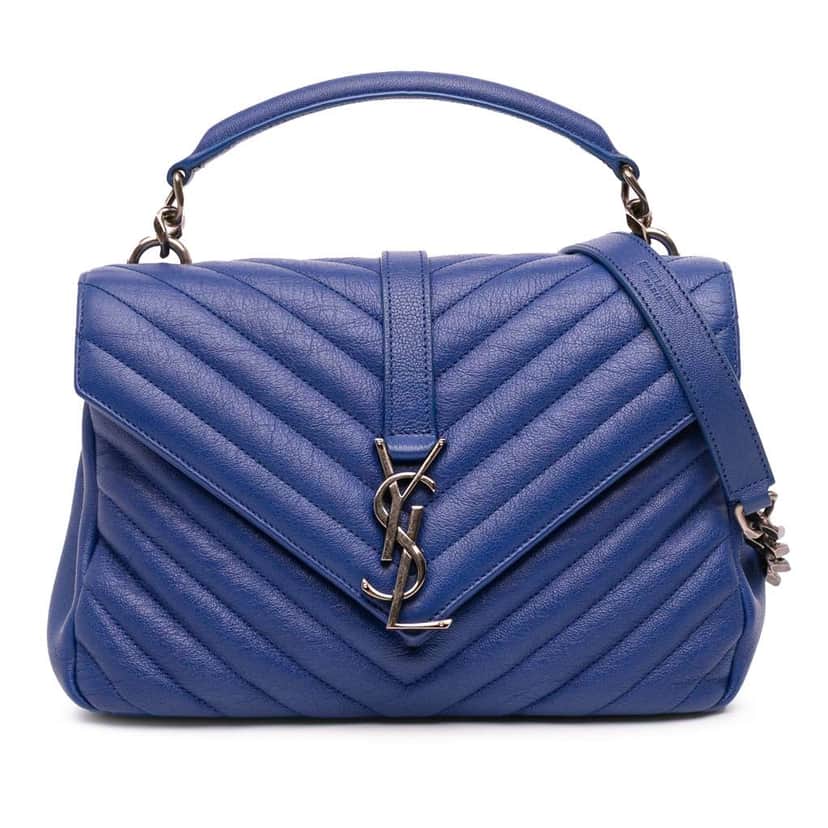 Saint Laurent Medium Quilted Chevron Sheepskin College Satchel Blue Leather Good condition - Front View