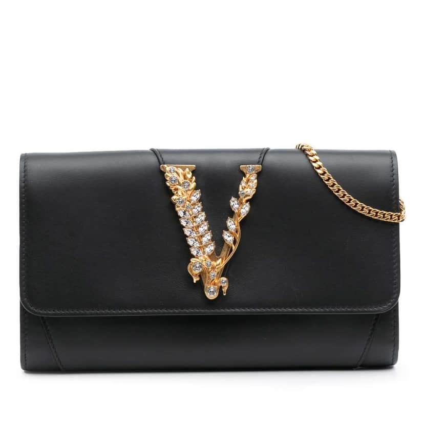 Versace Leather Crystal Virtus Chain Crossbody Black Leather Good condition - Front View