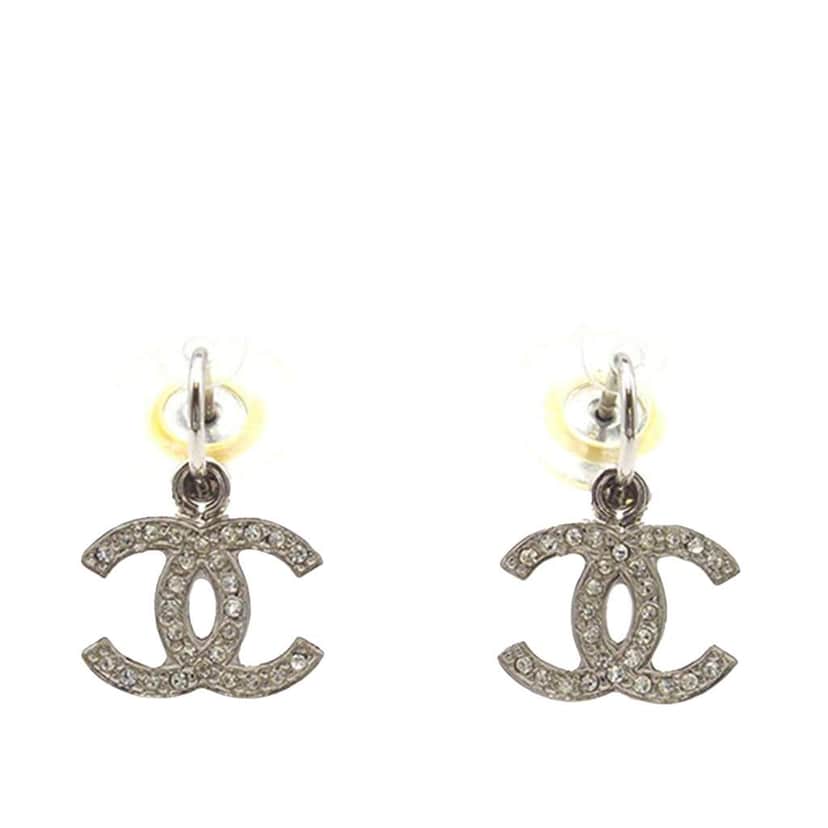 Chanel Silver Plated Crystal CC Drop Push Back Earrings Silver Metal Good condition - Front View