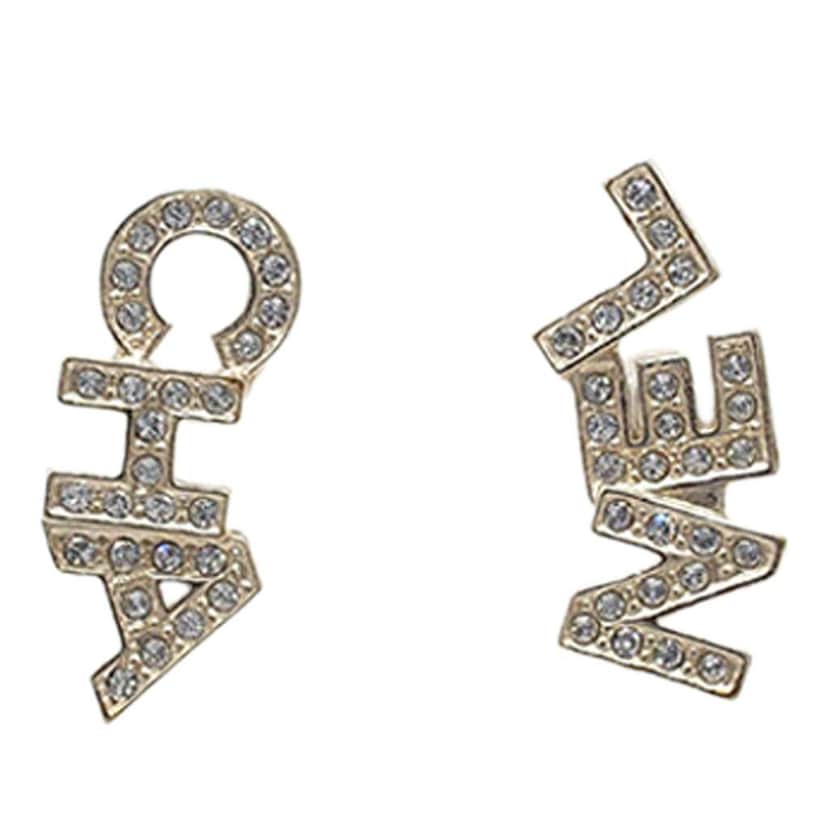Chanel CC Gold Plated Crystals Logo Push Back Earrings Gold Metal Good condition - Front View