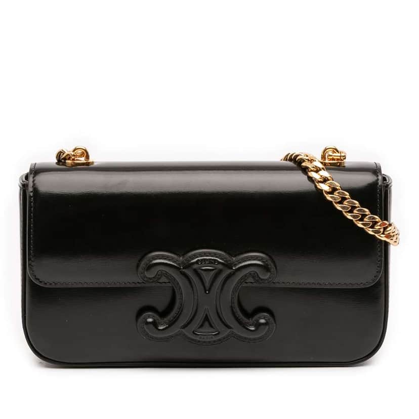 Celine Smooth Calfskin Cuir Triomphe Chain Shoulder Bag Black Leather Good condition - Front View