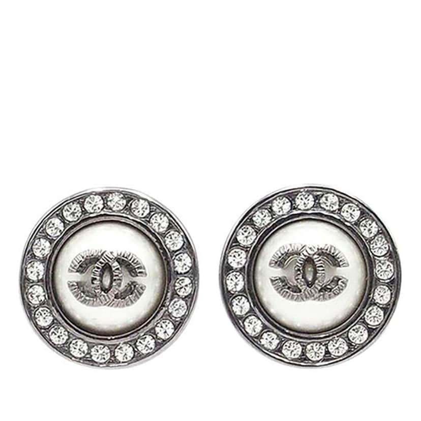 Chanel Gunmetal Plated CC Faux Pearl and Crystal Round Push Back Earrings Silver Brass Good condition - Front View