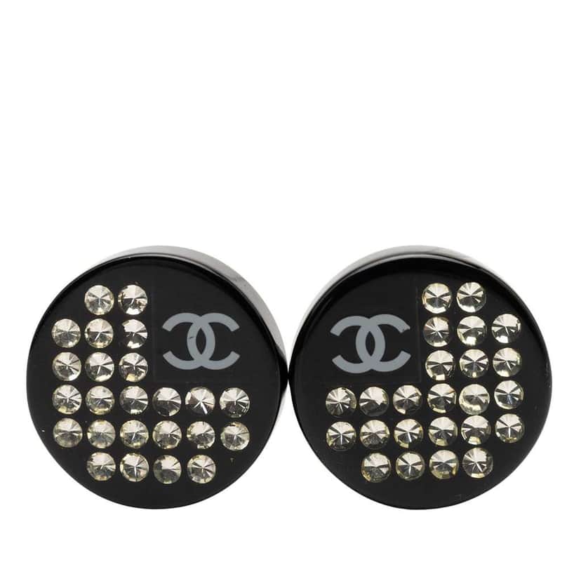 Chanel CC Resin Crystal Button Clip On Earrings Black Good condition - Front View