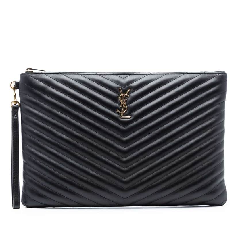 Saint Laurent Quilted Chevron Leather Monogram Document Holder Black Leather Good condition - Front View