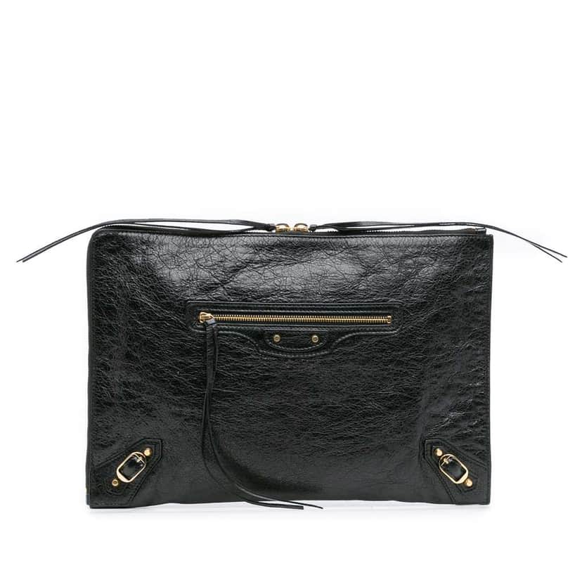 Balenciaga Lambskin Motocross Classic Zip Around Flat Clutch Black Leather Good condition - Front View