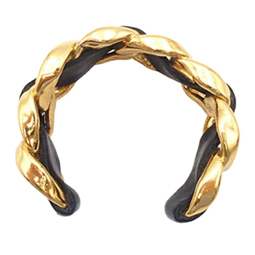 Chanel Gold Plated Leather Woven Chain Cuff Bracelet Gold Metal Good condition - Front View
