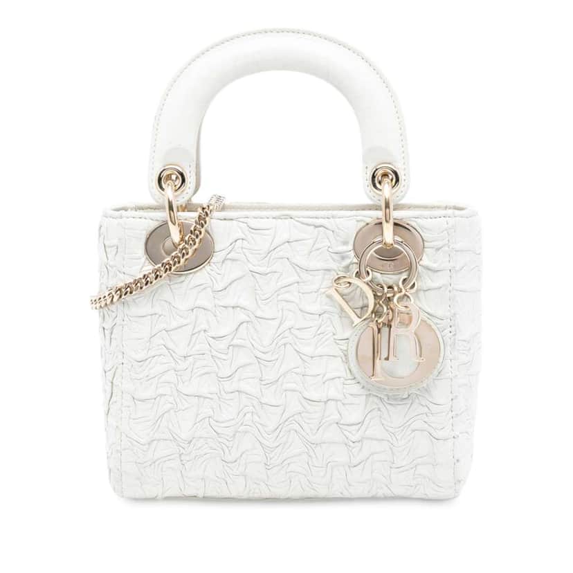 Dior Mini Wavy Crinkled Lambskin Lady Dior White Leather Good condition - Front View