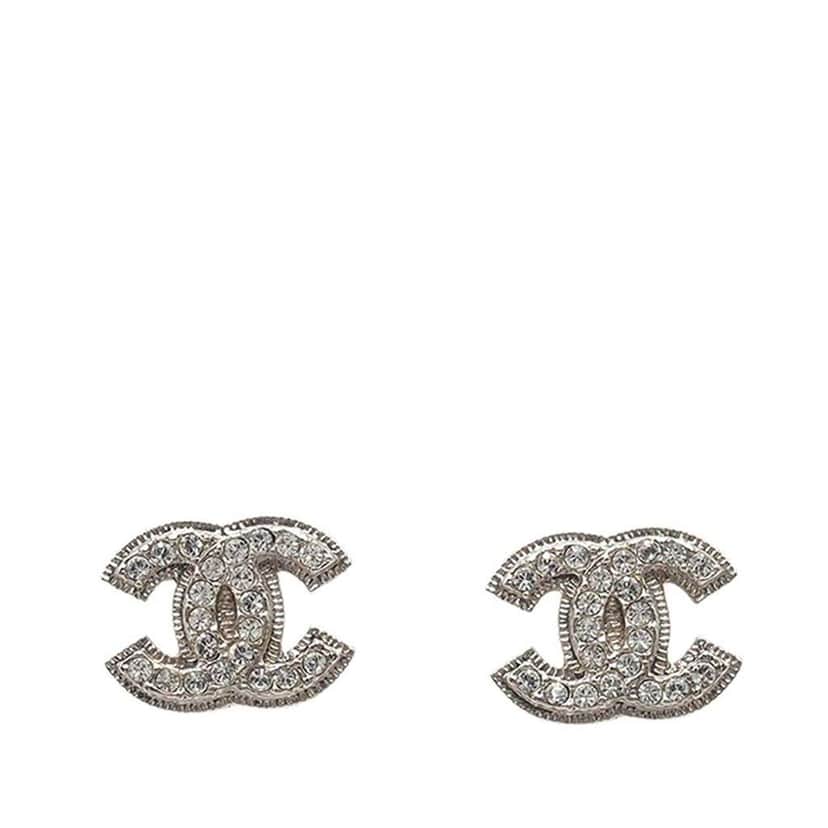 Chanel Silver Plated CC Crystal Push Back Earrings Silver Metal Good condition - Front View