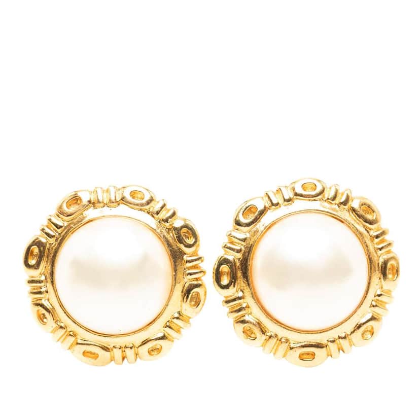 Chanel Gold Plated Faux Pearl Clip On Earrings Gold Metal Good condition - Front View