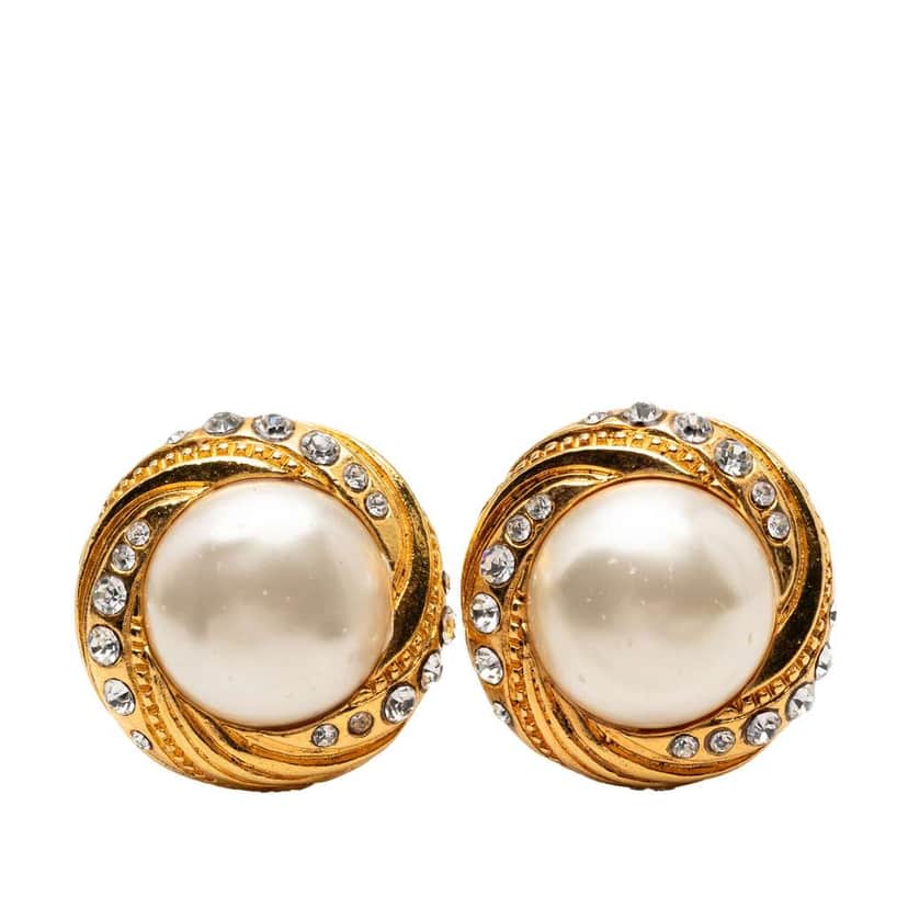 Chanel Gold Plated Faux Pearl Swirl Crystal Clip On Earrings Gold Metal Good condition - Front View