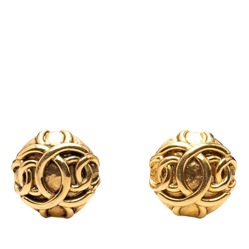 Chanel CC Gold Plated Round Clip On Earrings Gold Metal Good condition - Front View