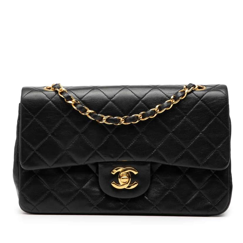 Chanel Small Classic Lambskin Double Flap Black Leather Good condition - Front View