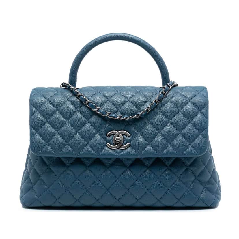Chanel Medium Quilted Caviar Coco Top Handle Bag Blue Leather Good condition - Front View