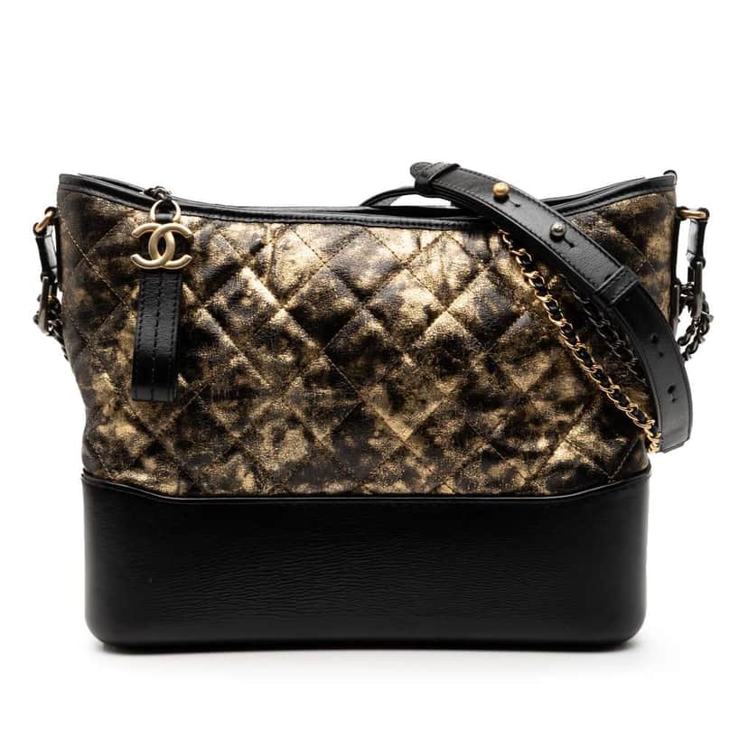 Chanel Medium Quilted Metallic Crumpled Goatskin Gabrielle Hobo Black Leather Good condition - Front View