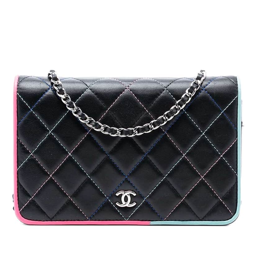 Chanel CC Quilted Lambskin Multicolor Border Full Flap Wallet on Chain Black Leather Good condition - Front View