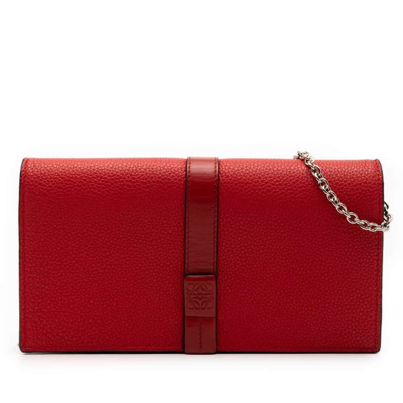 Loewe Pebbled Calfskin Wallet on Chain Red Leather Good condition - Front View