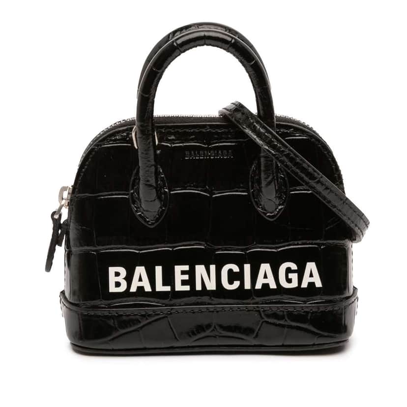 Balenciaga Mini Crocodile Embossed Calfskin Ville Satchel Black Leather Good condition - Front View