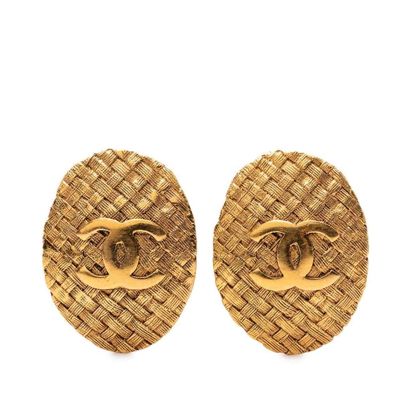 Chanel CC Gold Plated Oval Clip on Earrings Gold Metal Very good condition - Front View