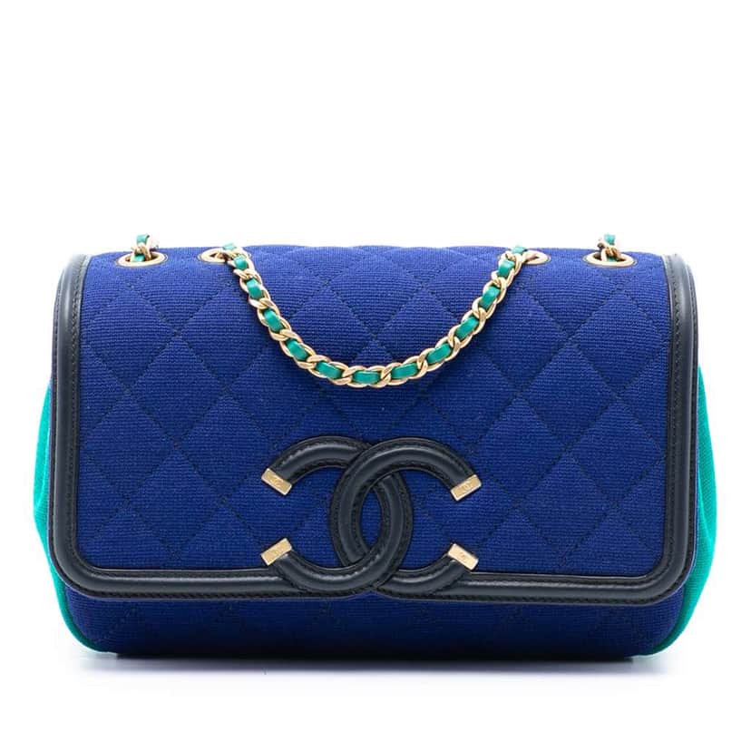 Chanel Small Jersey CC Filigree Flap Blue Cotton Very good condition - Front View