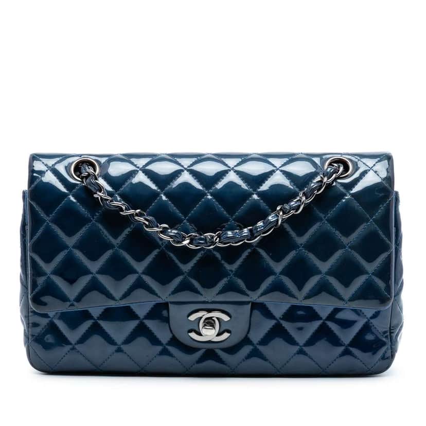 Chanel Medium Classic Patent Double Flap Blue Leather Good condition - Front View