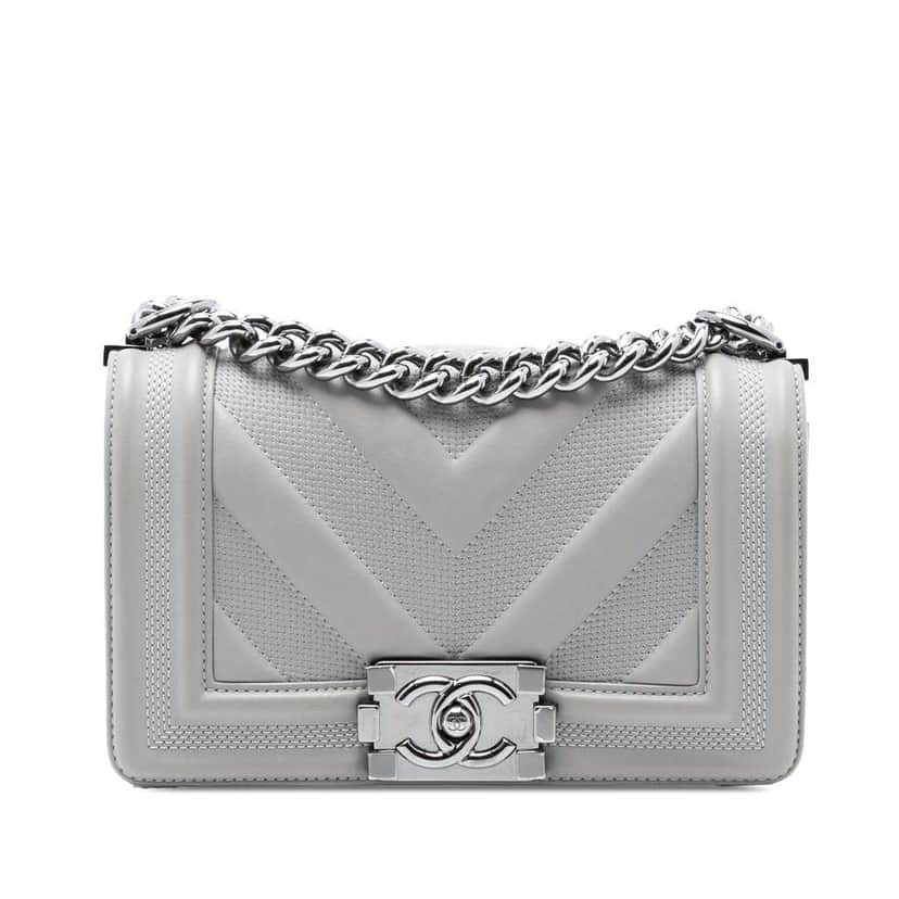 Chanel Small Chevron Stitched Calfskin Boy Flap Grey Leather Very good condition - Front View