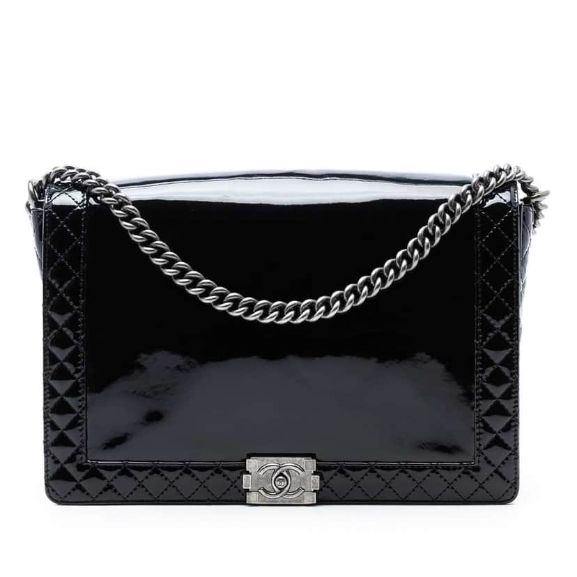 Chanel Extra Large Patent Boy Reverso Flap Black Leather Very good condition - Front View