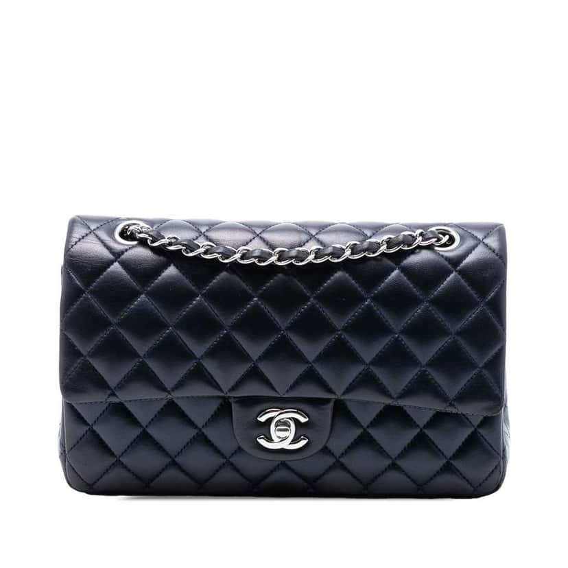 Chanel Medium Classic Lambskin Double Flap Blue Leather Good condition - Front View