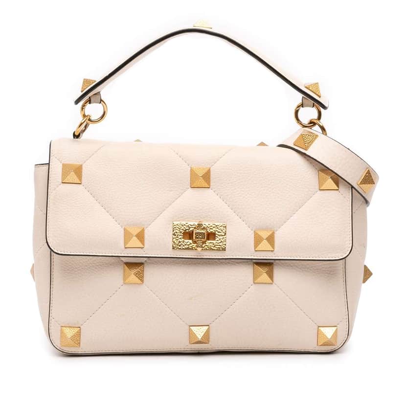 Valentino Large Grained Calfskin Roman Stud Satchel White Leather Very good condition - Front View