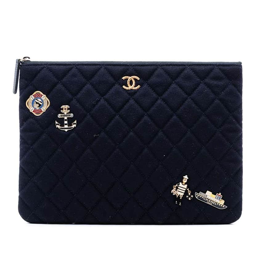 Chanel Paris Hamburg Medium Quilted Wool Coco Sailor Charms O Case Clutch Blue Wool Good condition - Front View