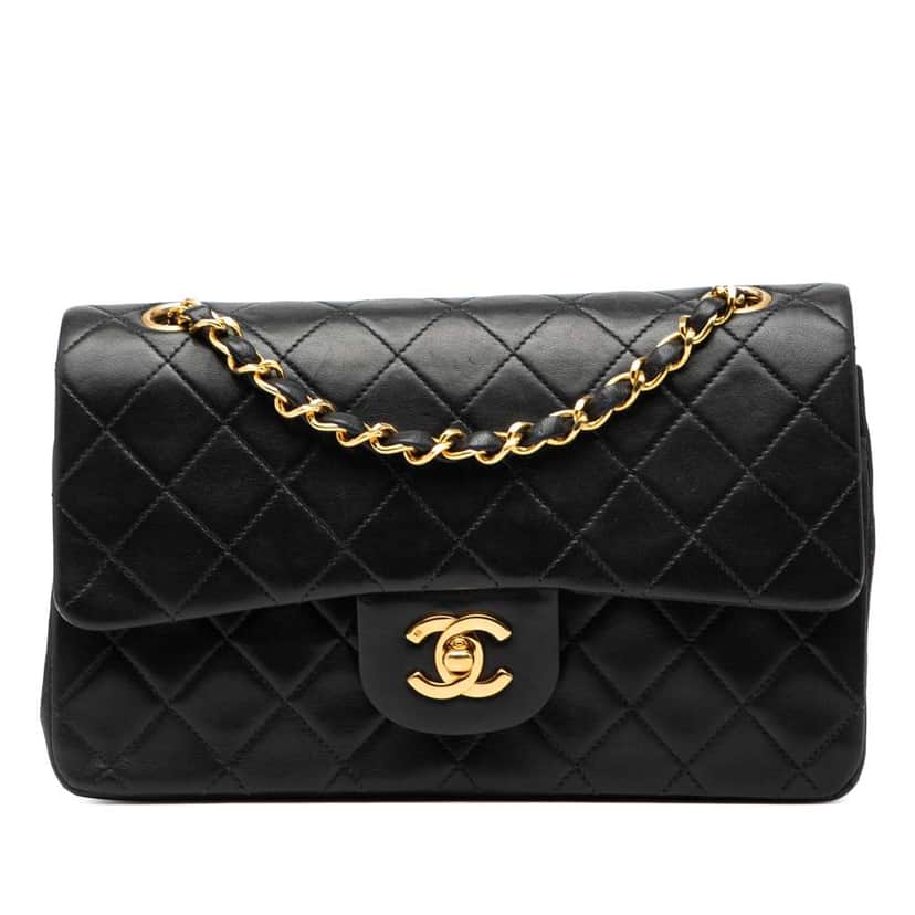 Chanel Small Classic Lambskin Double Flap Black Leather Good condition - Front View