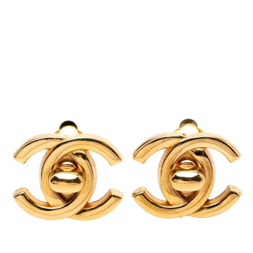 Chanel Gold Plated CC Turn Lock Clip On Earrings Gold Metal Good condition - Front View