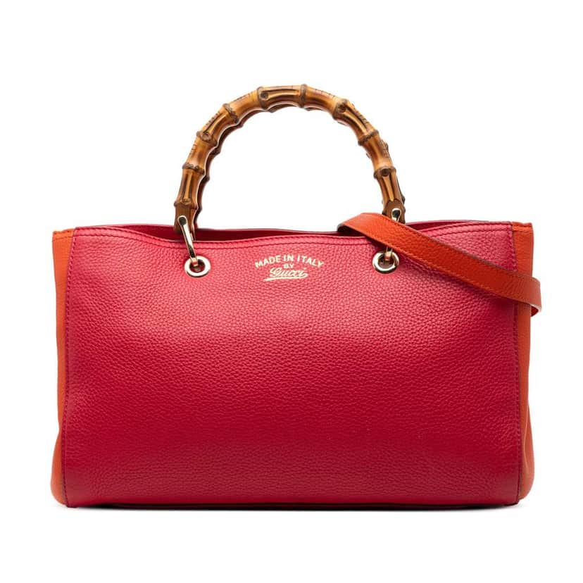 Gucci Medium Bicolor Calfskin Bamboo Shopper Satchel Red Leather Very good condition - Front View