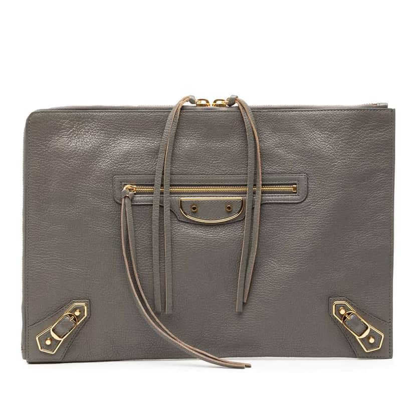 Balenciaga Lambskin Motocross Metallic Edge Flat Clutch Grey Leather Good condition - Front View