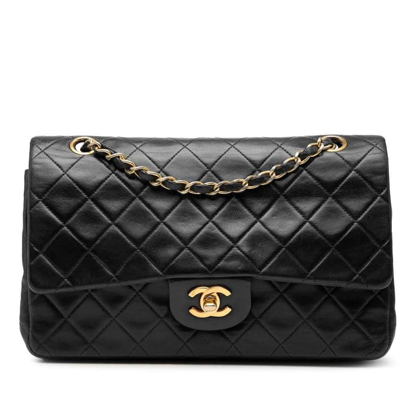 Chanel Medium Classic Lambskin Double Flap Black Leather Good condition - Front View