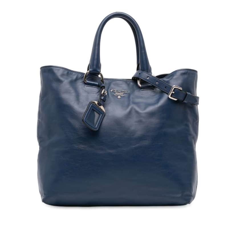 Prada Soft Calf Open Convertible Tote Blue Leather Good condition - Front View