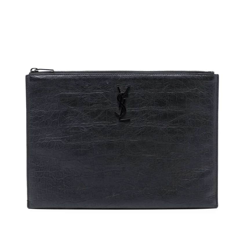 Saint Laurent Croc Embossed Leather Monogram Clutch Black Leather Very good condition - Front View