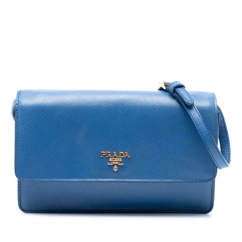 Prada Saffiano Wallet on Strap Blue Leather Very good condition - Front View