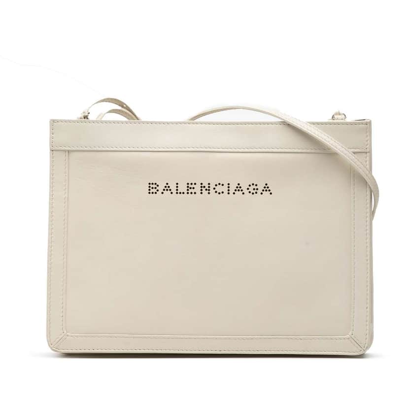 Balenciaga Leather Perforated Logo Navy Pochette Crossbody White Leather Very good condition - Front View