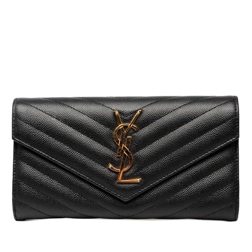 Saint Laurent Grain De Poudre Matelasse Chevron Monogram Flap Wallet Black Leather Good condition - Front View