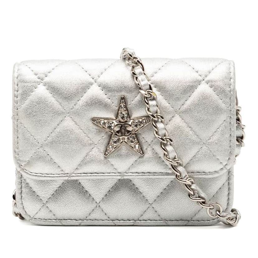 Chanel Metallic Lambskin Crystal Star Chain Belt Bag Silver Leather Good condition - Front View