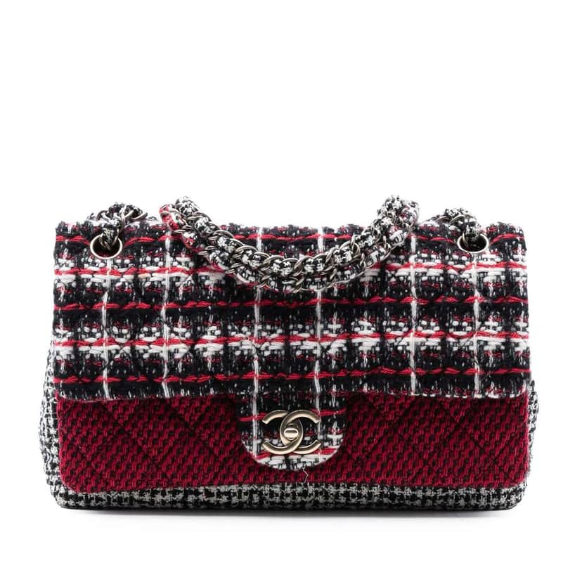 Chanel Medium CC Tweed Multi Print Double Flap Red Tweed Good condition - Front View