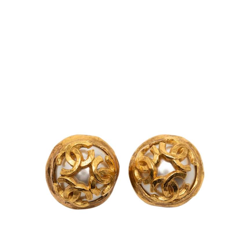Chanel Gold Plated Triple CC Faux Pearl Clip on Earrings Gold Metal Good condition - Front View